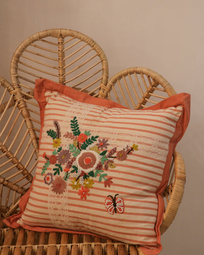 Attirail Bohemian Blossom Cushion Embroidered Floral Design Orange Coral